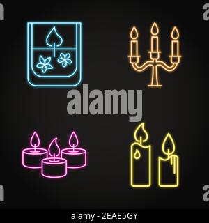 Burning candles icon set in neon line style. Bright illumination symbols. Vector illustration. Stock Vector