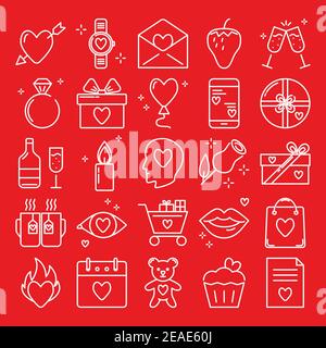 Valentines day icon set in line style. Love symbols collection including heart with arrow, diamond ring, gift boxes, rose. Vector illustration. Stock Vector