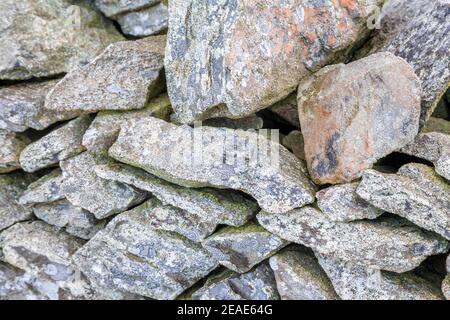 Slate drystone wall with lichen Stock Photo