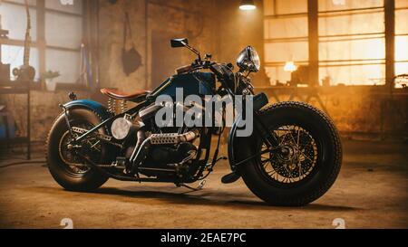 Custom Bobber Motorbike Standing in an Authentic Creative Workshop. Vintage  Style Motorcycle Under Warm Lamp Light in a Garage Stock Photo - Alamy