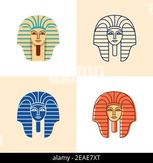 Egyptian pharaoh icon set in flat and line style. Ancient statue golden mask symbol. Vector illustration. Stock Vector
