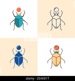 Scarab beetle icon set in flat and line style. Ancient Egypt insect symbol. Vector illustration. Stock Vector