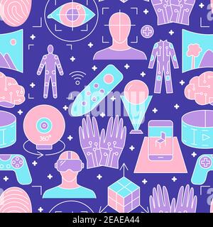 Virtual reality seamless pattern in colored line style. Endless background with modern computer technology symbols. Vector illustration. Stock Vector