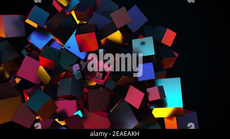 Multicolored random cubes filling the screen, computer generated. 3d rendering neon technological background Stock Photo