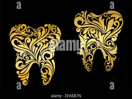 Golden tooth in floral style for dentistry design Stock Vector