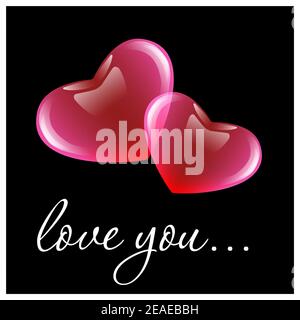 two large pink volumetric hearts on a black background and the inscription love you Stock Photo