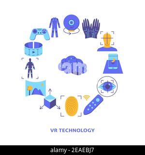 Virtual reality round concept banner in flat style. Modern computer technology symbols. Vector illustration with text. Stock Vector