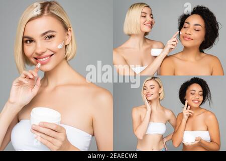 Collage of multiethnic women applying cosmetic cream isolated on grey Stock Photo