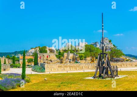 Historical weapons situated inside of the Chateau des Baux perched in Les Baux des Provence village in France Stock Photo
