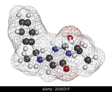 Mavacamten drug molecule. 3D rendering. Atoms are represented as spheres with conventional color coding: hydrogen (white), carbon (grey), nitrogen (bl Stock Photo