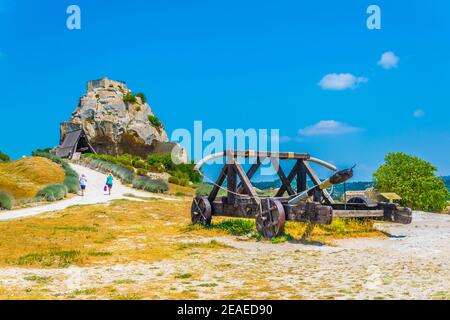 Historical weapons situated inside of the Chateau des Baux perched in Les Baux des Provence village in France Stock Photo