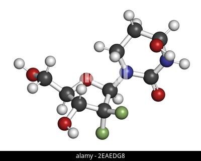 Cedazuridine drug molecule. 3D rendering. Atoms are represented as spheres with conventional color coding: hydrogen (white), carbon (grey), nitrogen ( Stock Photo