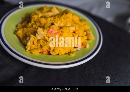 Close Up of Colorful and Fresh Vegetarian Paella Spanish Rice Dish. Spanish food Stock Photo