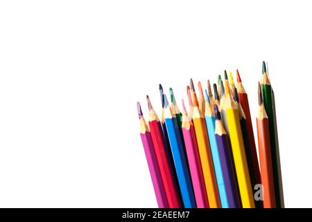 blunt colour pencils are arranged in the line on the white background and ready to paint. Stock Photo