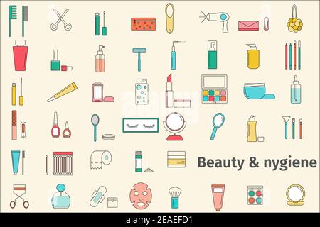 Set of colored icons of hygiene and cosmetics. Vector elements of cosmetics and hygiene products. Stock Vector