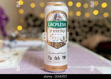 Tyumen, Russia-January 15, 2021: Lacplesis beer kviesu alus premium beer closeup Stock Photo
