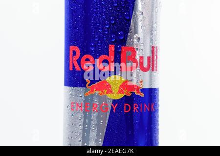 Tyumen, Russia-November 01, 2020: Can of Red Bull Energy Drink on white background. logo close up Stock Photo