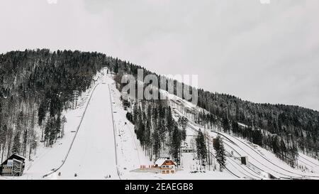 Ski jumping hills in winter. Nordic ski centre, Planica, Slovenia. Stock Photo