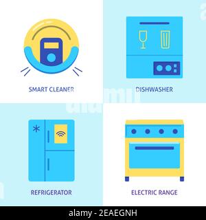 Housework automation icon set in flat style. Smart vacuum cleaner, electric range, dishwasher and refrigerator symbols. Vector illustration. Stock Vector