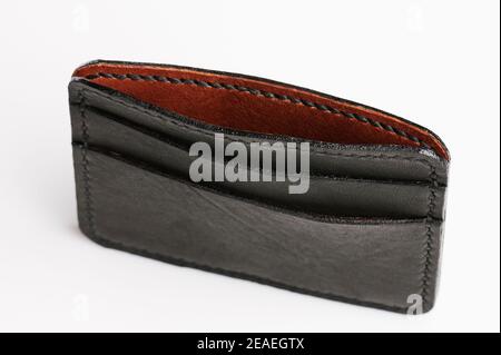 Open black leather card wallet above top view isolated Stock Photo