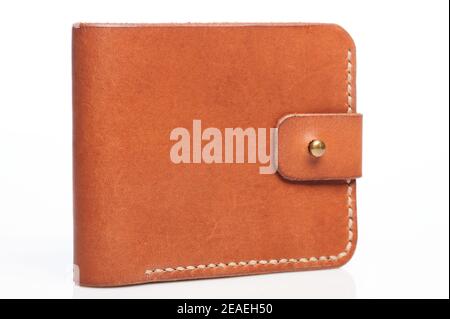 Beige color leather small purse for cards side view isolated Stock Photo