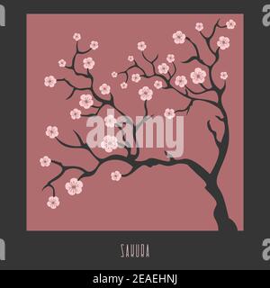 blooming sakura branches in frame on pink background and text Stock Vector