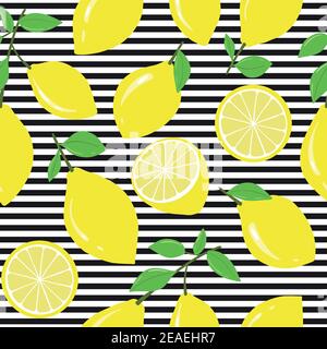 Vector seamless pattern with lemons and stripes. Stock Vector
