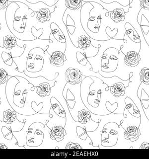 One line drawing abstract contemporary art. Modern seamless pattern with women faces, roses flowers, hearts, made by black continuous line on white ba Stock Photo