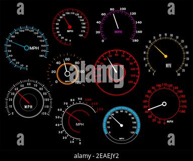 Speedometers set isolated on background for racing sport or transportation industry design Stock Vector