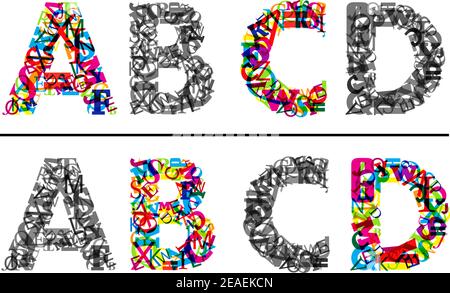 Colorful and monochrome alphabet letters A, B, c and D. EPS10 file Stock Vector