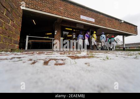 A general view as jockeys leave the weighing room at Kempton racecourse. Picture date: Tuesday February 9, 2021.