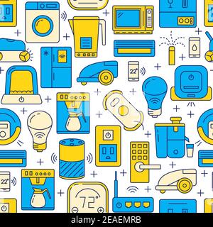Smart home seamless pattern in colored line style. Repeatable background with automated things symbols. Vector illustration. Stock Vector