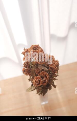 Vertical shot of beautiful dried roses in a vase on the table Stock Photo