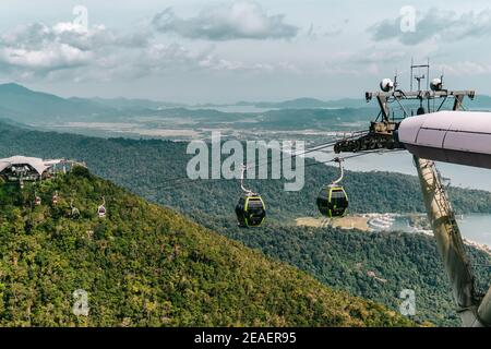 LANGKAWI, MALAYSIA - Oct 27, 2017: View of the Langkawi Skybridge cable car from the top with the city of Langkawi in the background Stock Photo