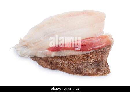 Studio shot of fillets of lemon sole cut out against a white background - John Gollop Stock Photo
