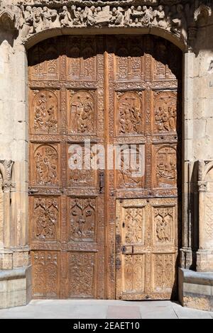 Europe, Spain, Leon, Santa María de León Cathedral 'the Pulchra Leonina' showing ancient Carved Wooden Door Stock Photo