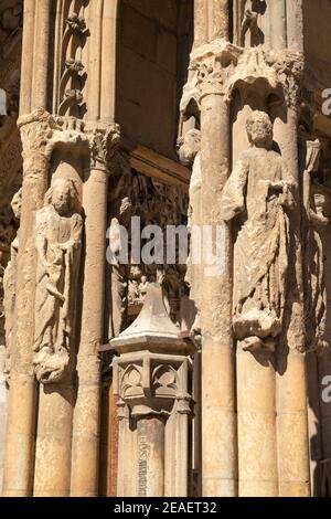 Europe, Spain, Leon, Santa María de León Cathedral showing ancient carved stonework near Main Entrance Stock Photo
