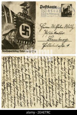 German historical postal card: The 6th party Congress of the NSDAP in Nuremberg in 1934, SS standard bearer in a steel helmet. Germany, Third Reich