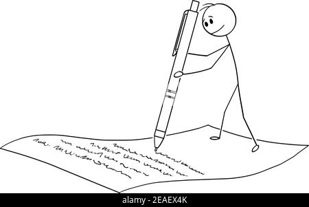 Businessman or man writing with pen on sheet of paper, signing agreement, vector cartoon stick figure or character illustration. Stock Vector