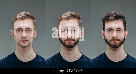 Brunette. Collage of man before and after visiting barbershop, client's delighted with different haircut, mustache, beard. concept of bodycare, male beauty, comparison. Shaving, hairstyling, coloring. Stock Photo