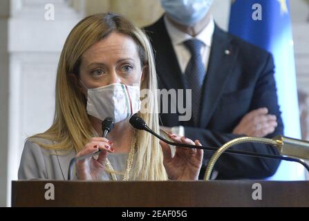Rome, Italy. 09th Feb, 2021. Rome, Delegation of Fratelli Italia at the end of the meeting with Mario Draghi Pictured: Giorgia Meloni Credit: Independent Photo Agency/Alamy Live News Stock Photo