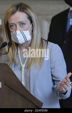 Rome, Italy. 09th Feb, 2021. Rome, Delegation of Fratelli Italia at the end of the meeting with Mario Draghi Pictured: Giorgia Meloni Credit: Independent Photo Agency/Alamy Live News Stock Photo