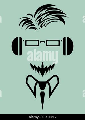 faceless man with beard in eyeglasses and headphones on dim turquoise background Stock Vector