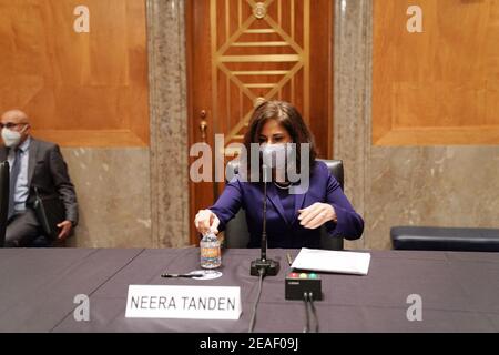 Washington DC, USA. 9th Feb 2021. Neera Tanden preparesto testify before the Senate Homeland Security and Government Affairs committee on her nomination to become the director of the Office of Management and Budget (OMB), during a hearing at the U.S. Capitol in Washington, DC on Tuesday, February 9, 2021. Tanden was nominated by President Joe Biden and is responsible for presenting the president's budget to congress. Photo by Leigh Vogel/UPI Credit: UPI/Alamy Live News