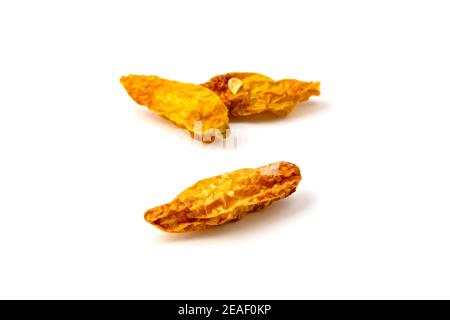 Yellow amazon chili pepper (Capsicum frutescens) on a white background Stock Photo