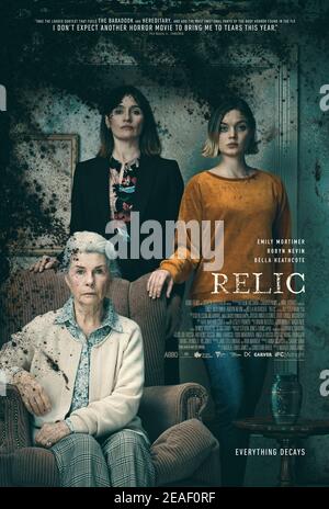 Relic (2020) directed by Natalie Erika James and starring Robyn Nevin, Emily Mortimer and Bella Heathcote. 3 generations of the same family are haunted by a manifestation of dementia that consumes their family's home. Stock Photo