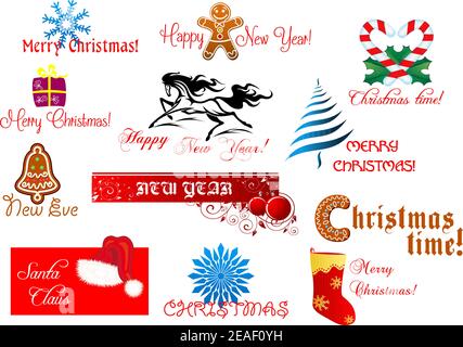 New Year and Chrismas symbols set with holiday scripts Stock Vector
