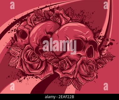 human skulls, bouquet of flowers. vector illustration Stock Vector