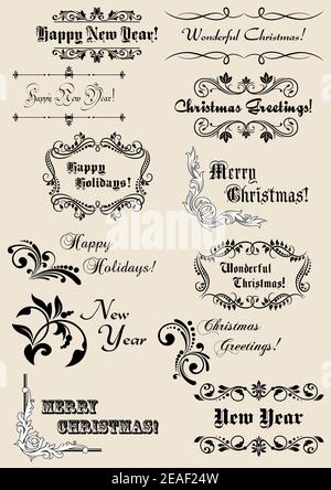 Winter holidays calligraphic elements with scripts and decorations for Christmas or New Year design Stock Vector