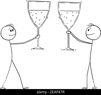 Two men or businessmen celebrating success with big glasses of wine or champagne, vector cartoon stick figure or character illustration. Stock Vector